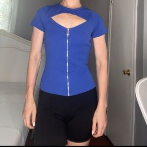 Guess Blue Short Sleeve Zip Front Cutout Top